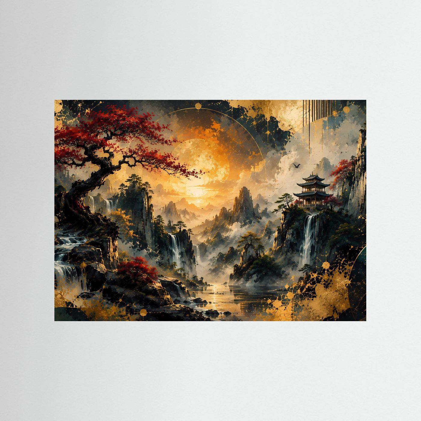 Japanisches Landschaftsposter mit Pagode, Wasserfällen, rotem Ahorn und goldenem Abendlicht