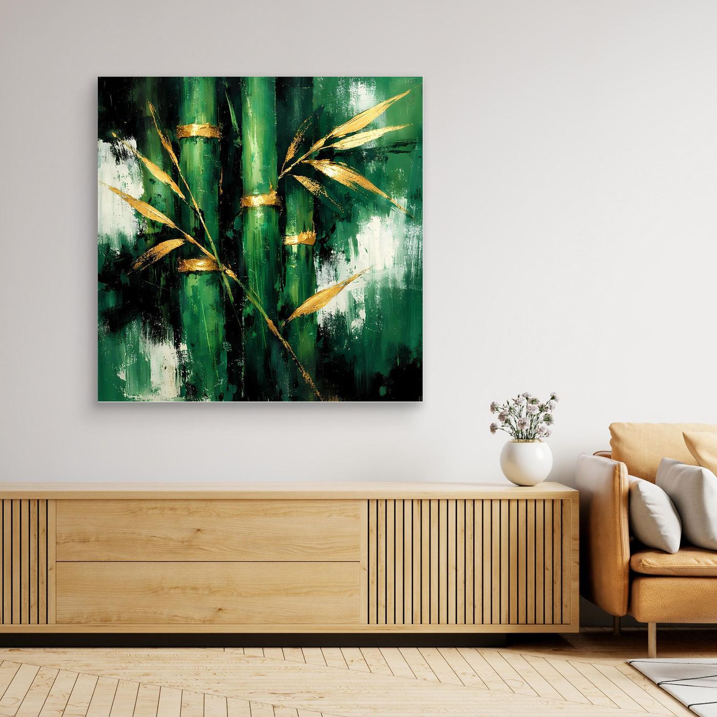 Leinwand Abstraktes Bambus Gemälde in Grün und Gold | Modernes Natur Wandbild