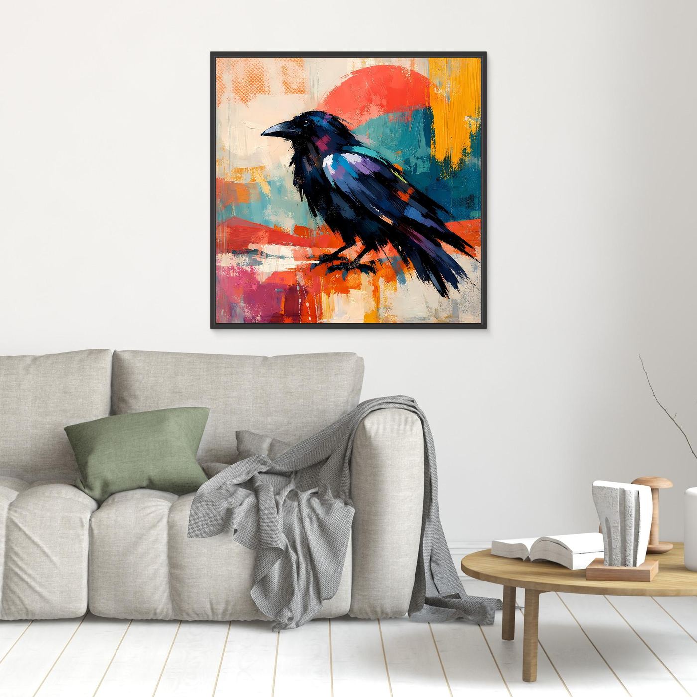 Framed canvas wall art: abstract black-and-blue bird on colorful paint splashes, black frame
