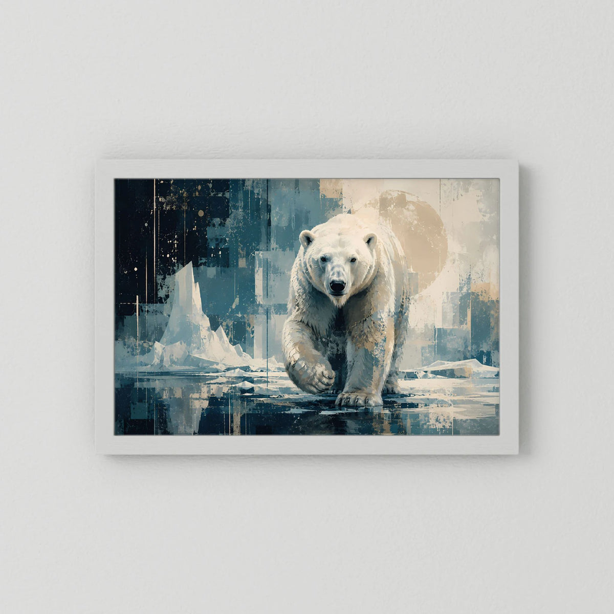 Gerahmtes Eisbär-Poster im Querformat mit Blau-Beige-Abstraktbild, weißer Rahmen