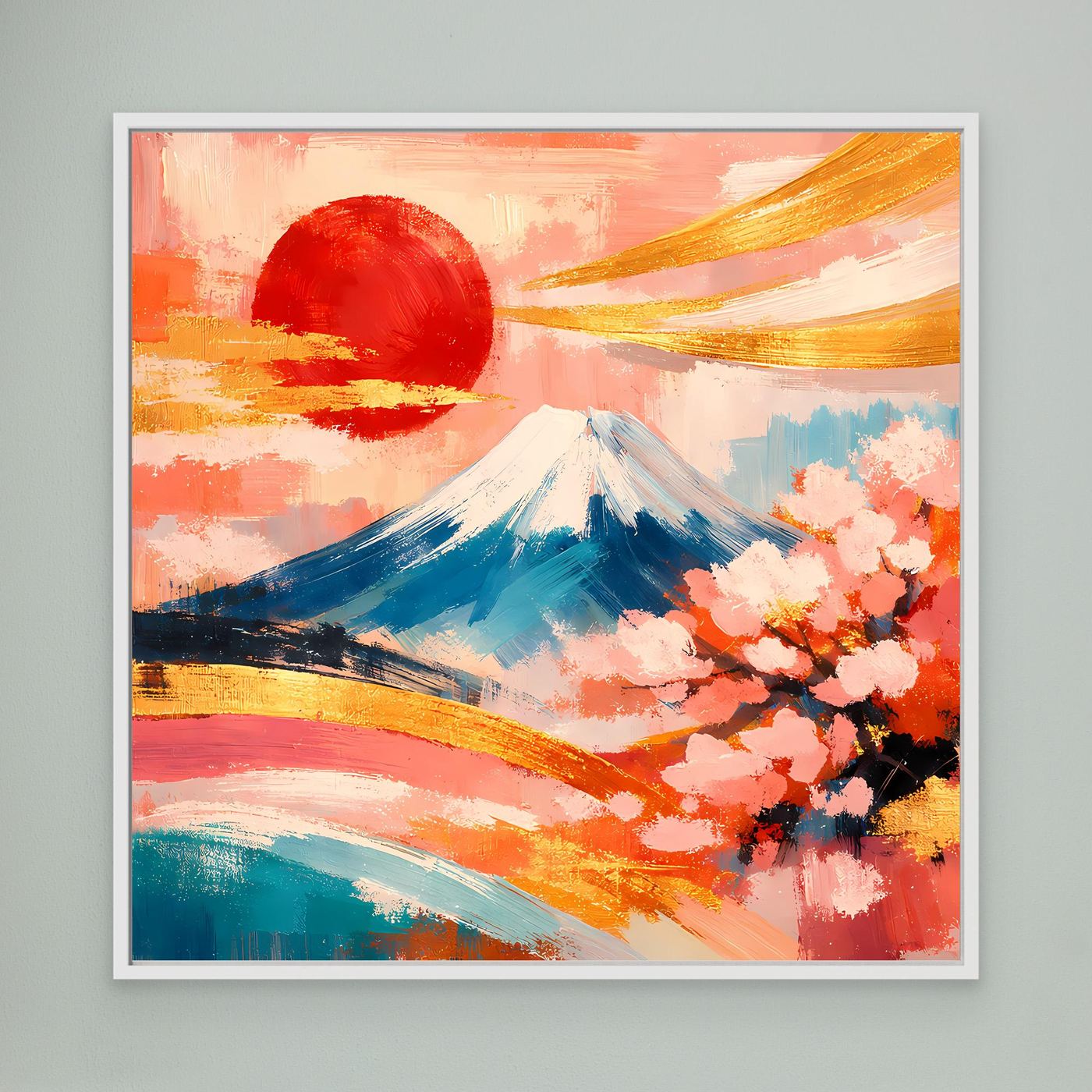 Leinwandbild vom Fuji mit Kirschtblüten, abstrakter Pinseloptik, weiß gerahmt