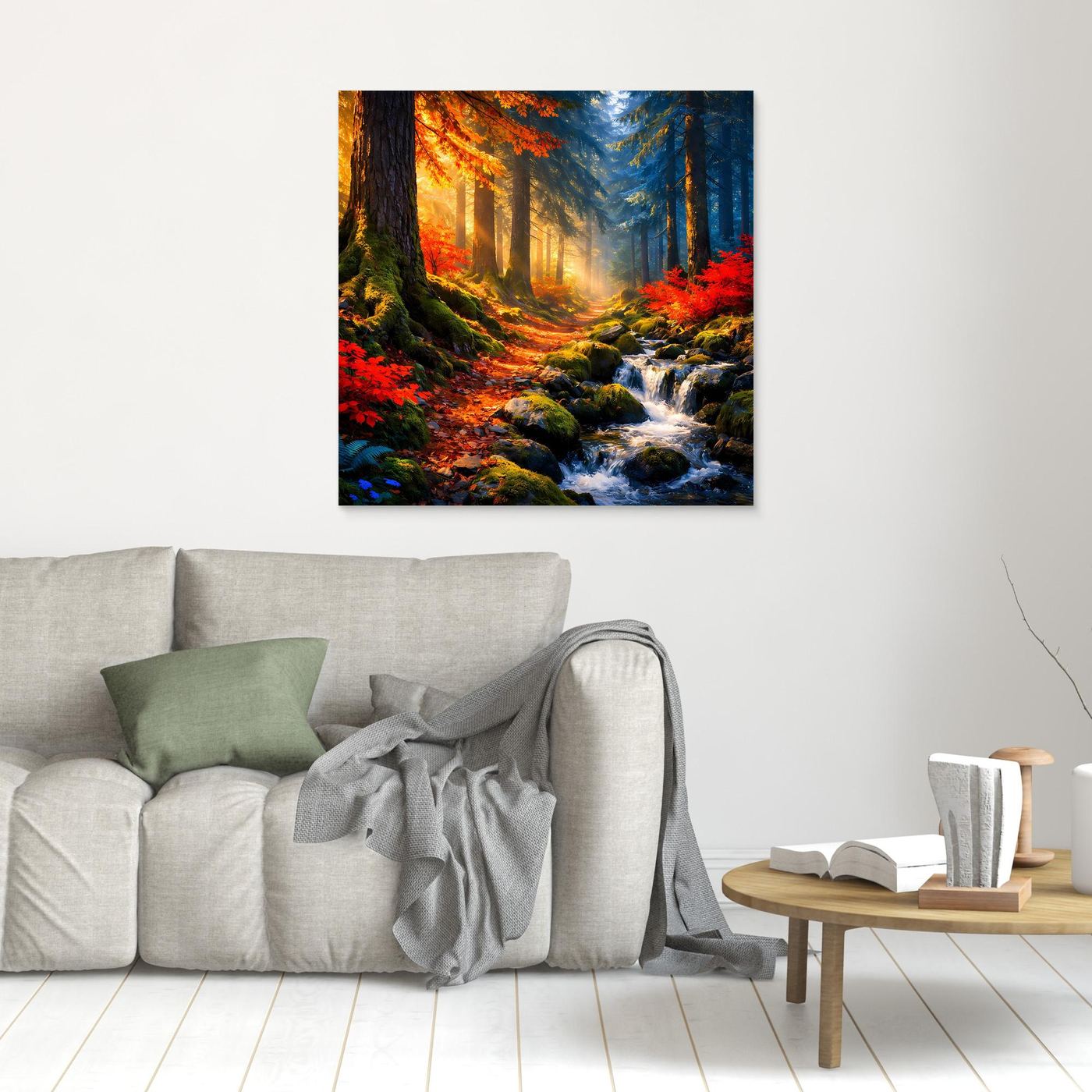 Wandbild mit Herbstwald und Bach, warmes Licht, kleinformatig ohne sichtbaren Rahmen