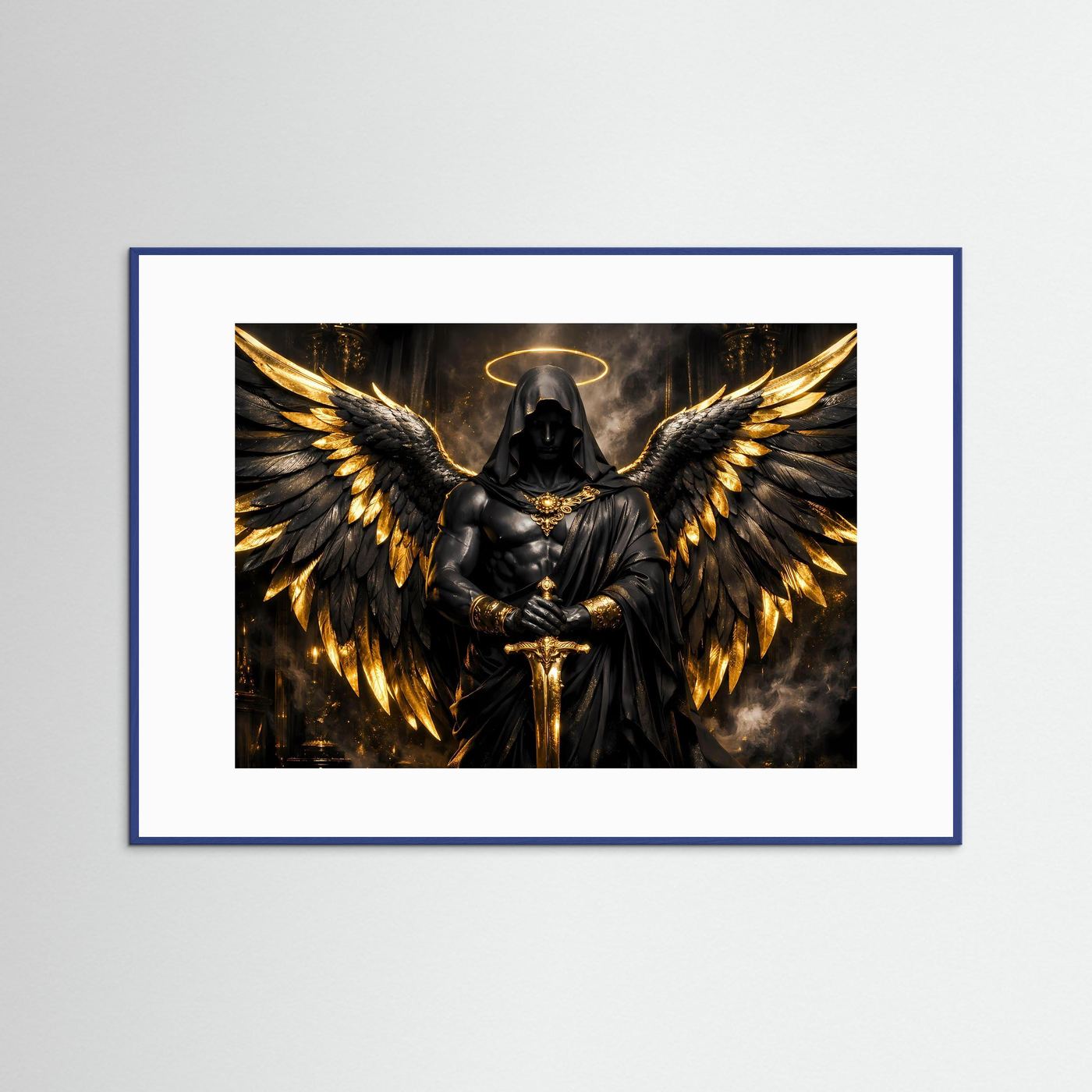 Dunkler Engel mit Goldflügeln & Schwert | Mystisches Wandbild Querformat