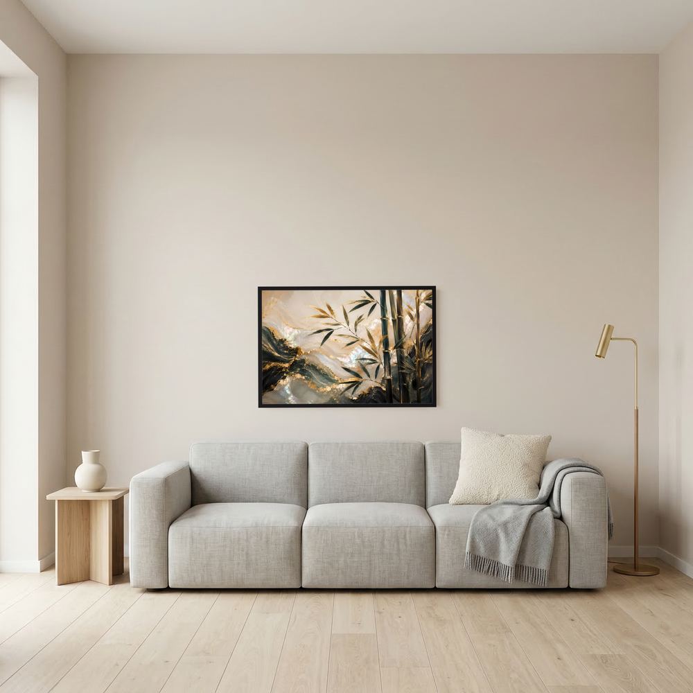 Gerahmtes Poster mit Bambus-Motiv in Gold und dunkelgrün, schwarzes Rahmenprofil