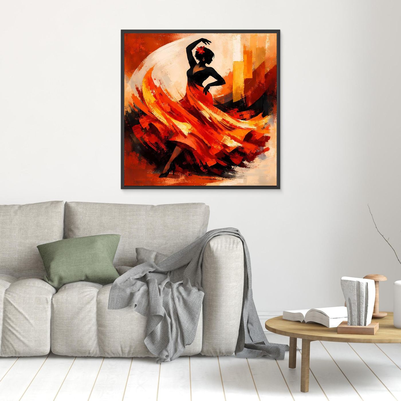 schwarz gerahmtes Leinwandbild einer Flamenco-Tänzerin mit roten, orangefarbenen und gelben Pinselstrichen