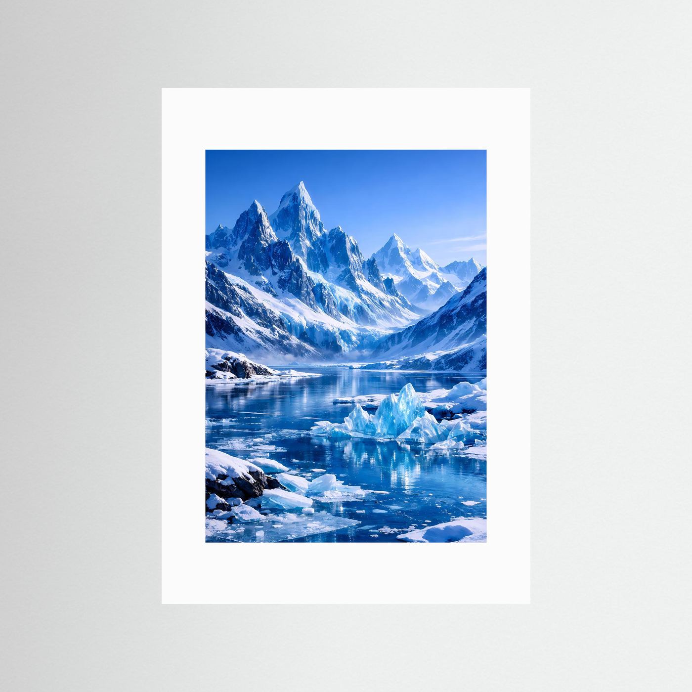 Alpin-Poster mit weißem Passepartout, Gletscherlandschaft in Blau und Weiß, hochformatig