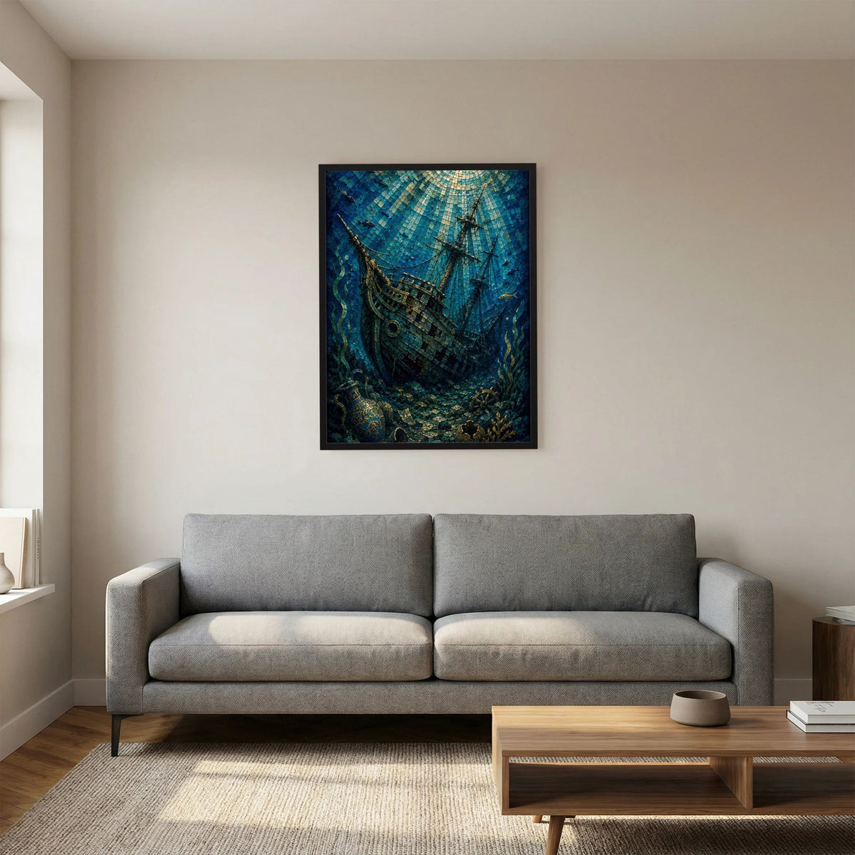 Poster Hochformat: versunkenes Segelschiff im Mosaik, blaugrün und gold, im schwarzen Rahmen