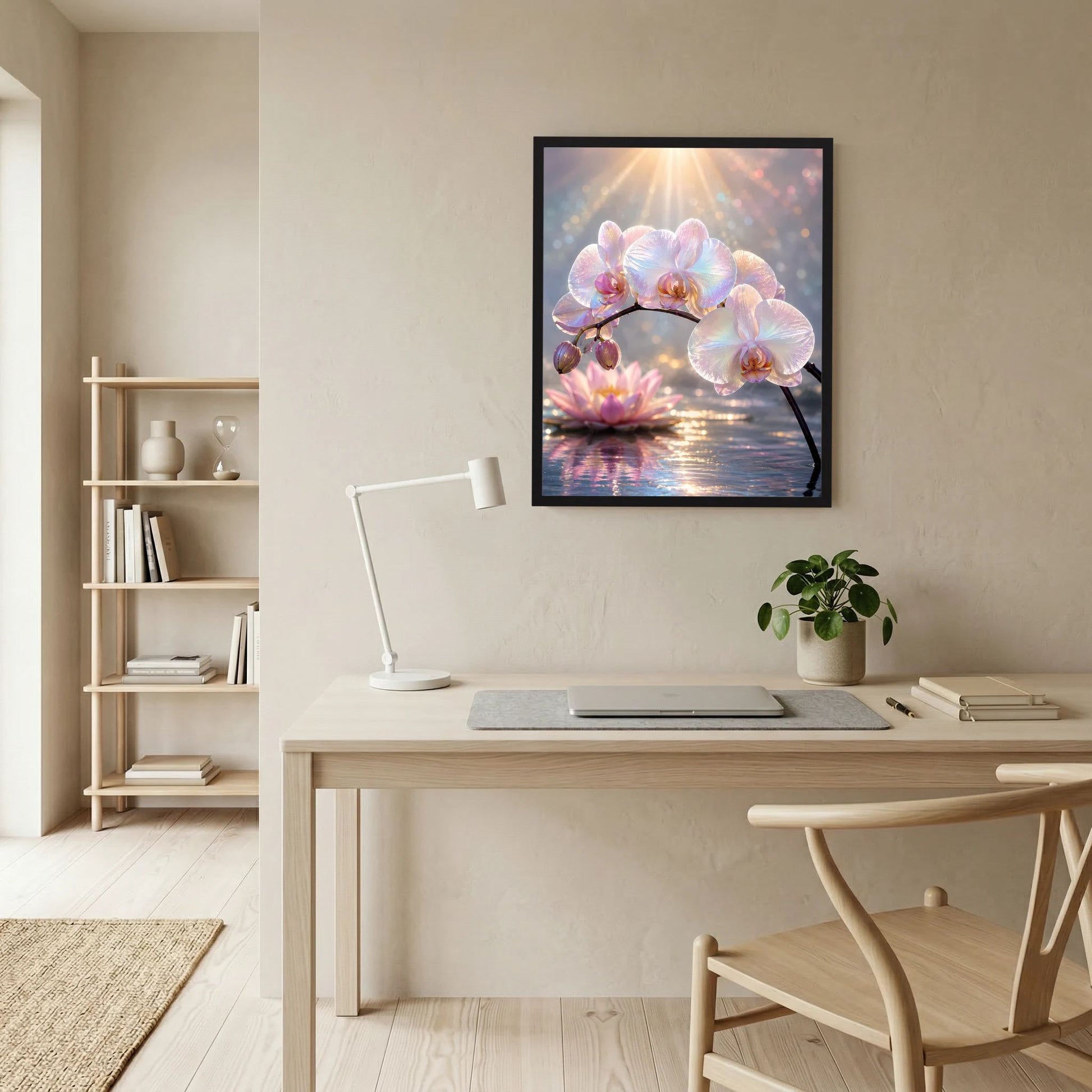 Poster im schwarzen Rahmen mit Perlmutt-Orchideen und Lotusblüte