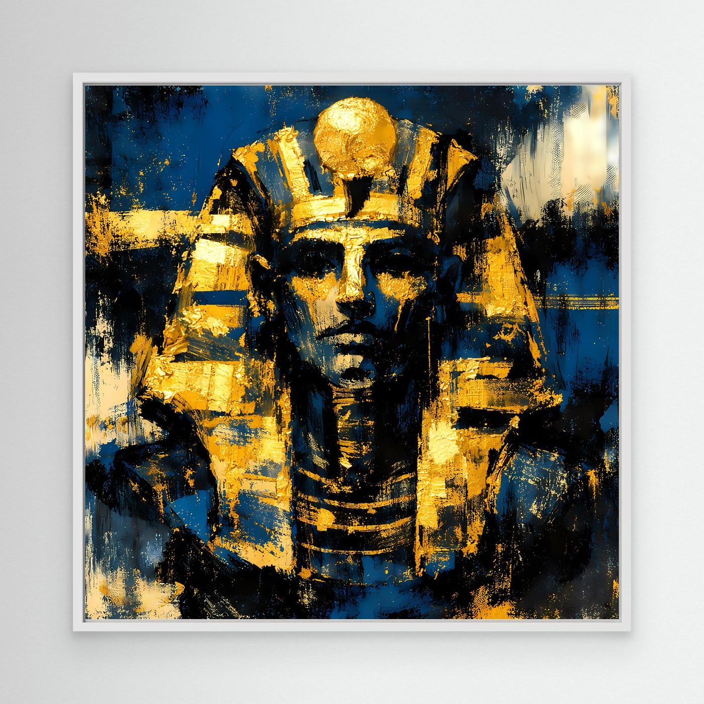 Leinwandbild mit Pharao-Porträt in Gold und Blau, weißer Rahmen