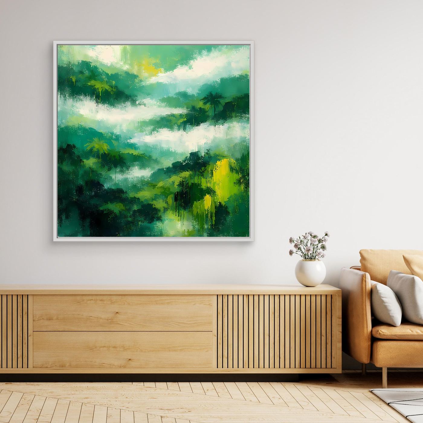 Wandbild Leinwand mit abstraktem Dschungelmotiv, weiß gerahmt, Grün- und Nebelverlauf