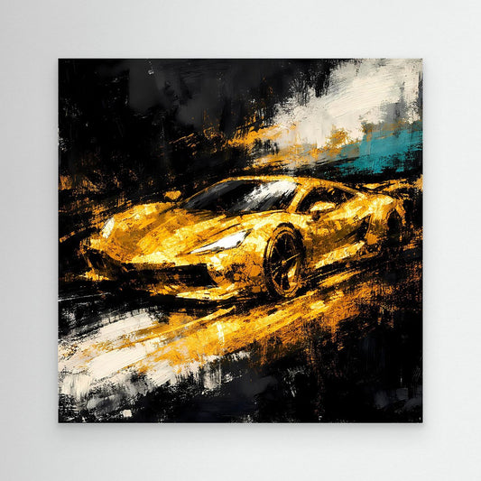 Abstraktes Leinwand-Wandbild mit goldenem Supersportwagen, schwarz-graue Pinselstriche
