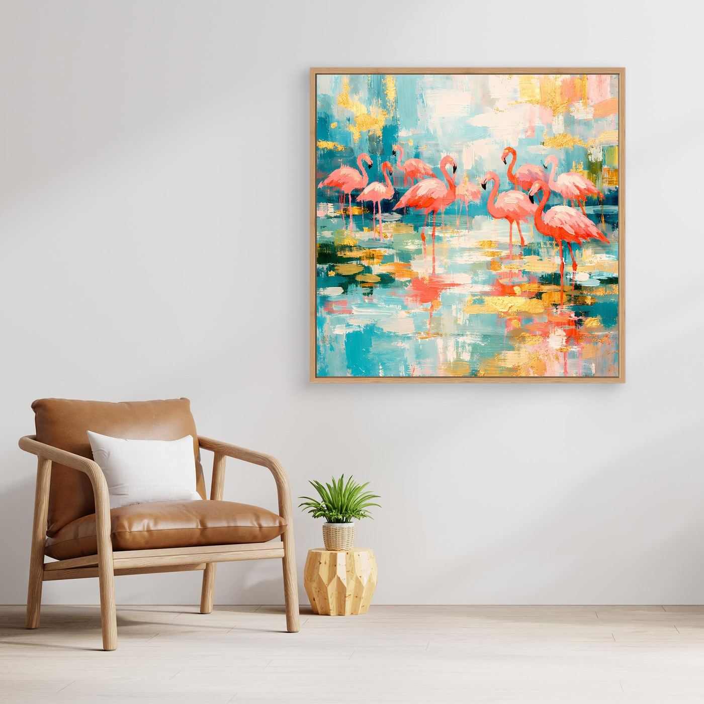 Abstraktes Leinwandbild mit Flamingos im Spiegelsee, goldener Holzrahmen