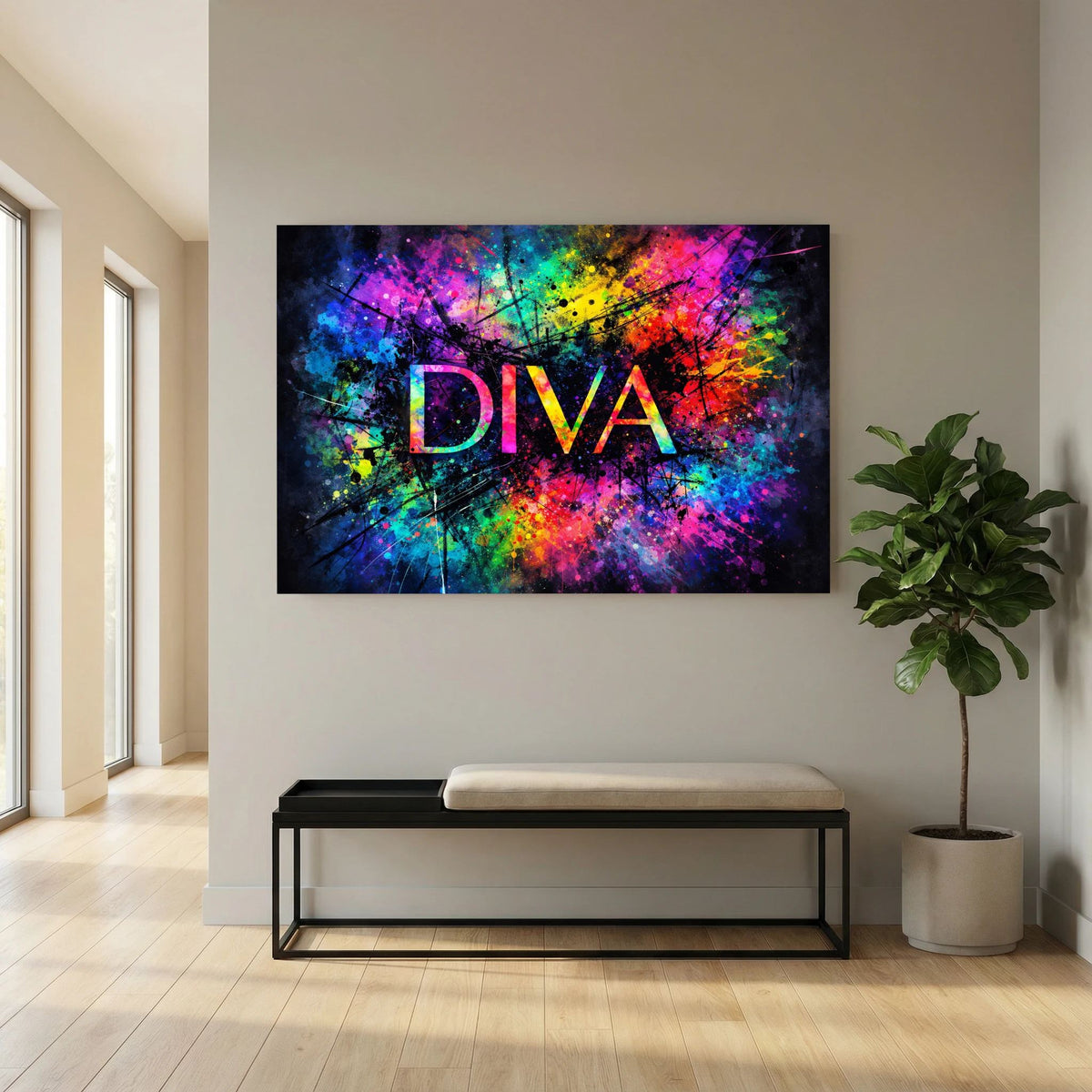 Abstraktes Wandbild mit schwarzem Rahmen: DIVA-Schriftzug und bunte Farbkleckse an Wand.