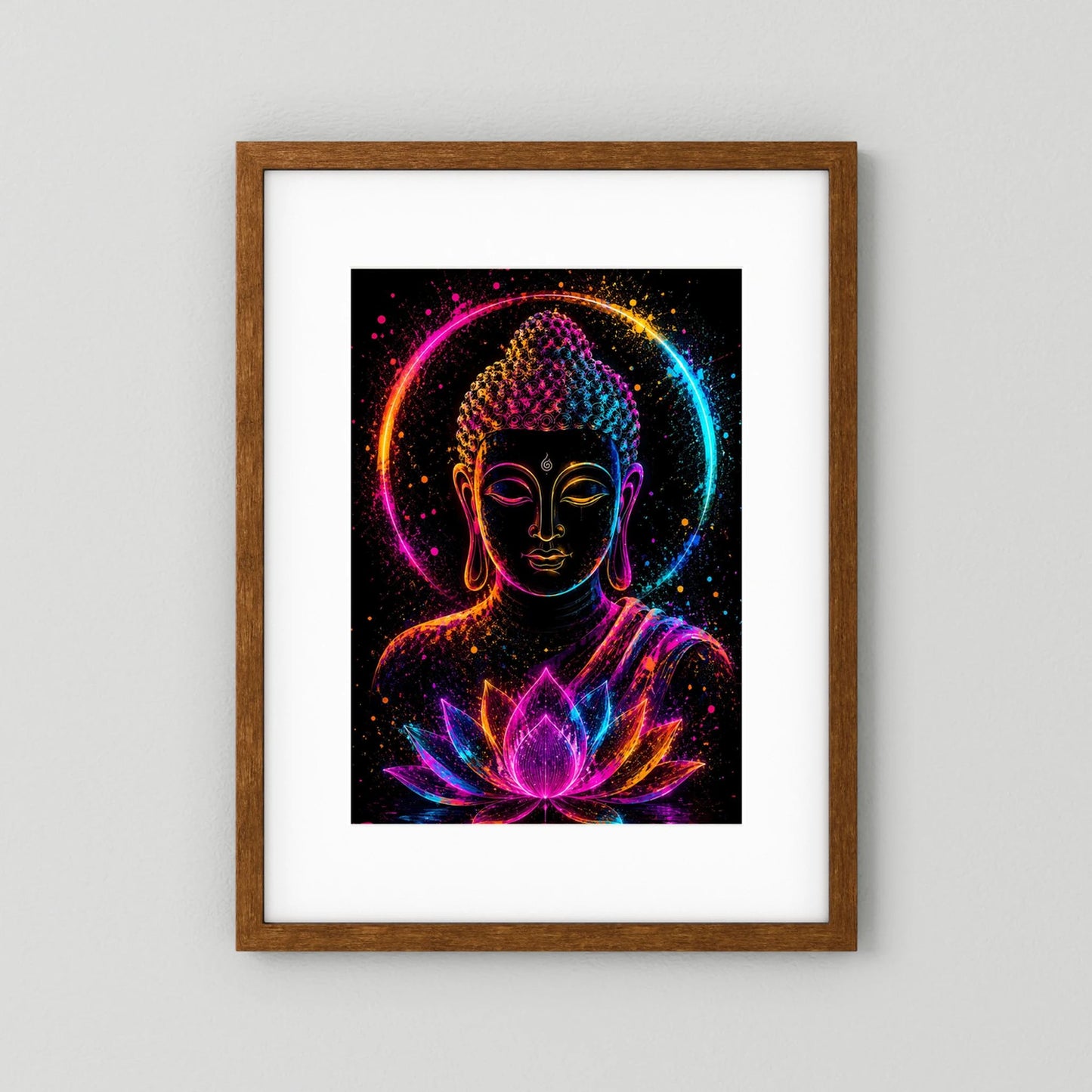 Leuchtendes Buddha-Neonposter mit Lotussymbol, brauner Holzrahmen