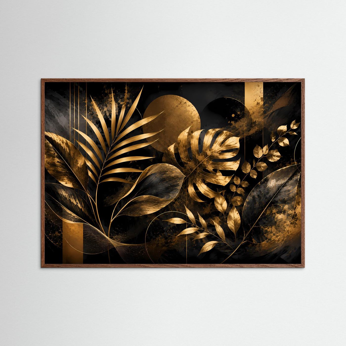 Querformat-Poster mit abstrakten Pflanzenblättern, Schwarz-Gold, im dunklen Eichenrahmen
