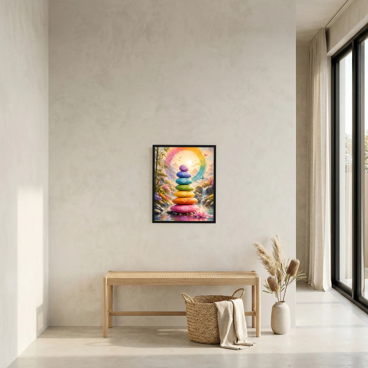 Kleines, schwarz gerahmtes Zen-Poster mit Regenbogenbogen, gestapelten Steinen und Lotusblüte