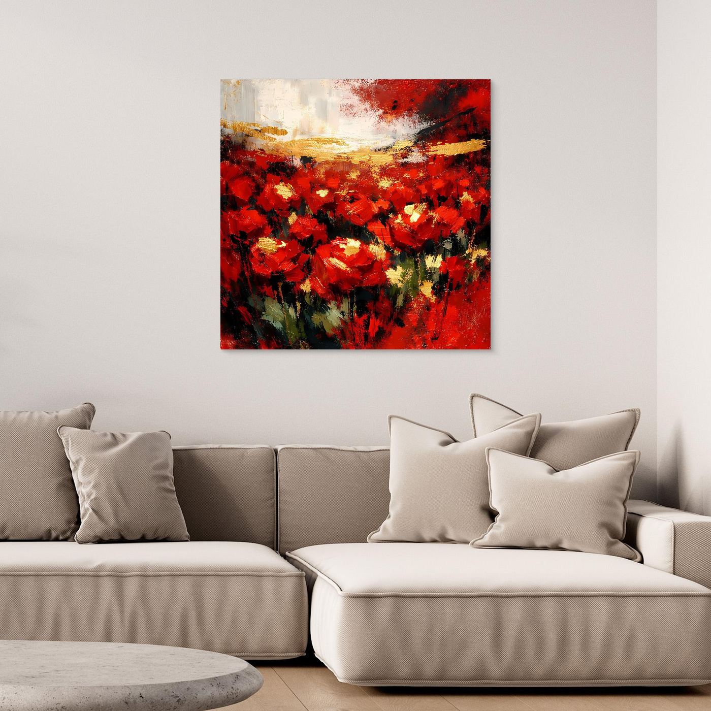 Leinwand-Wandbild mit abstrakten roten Blüten und goldenen Akzenten, ohne sichtbaren Rahmen.