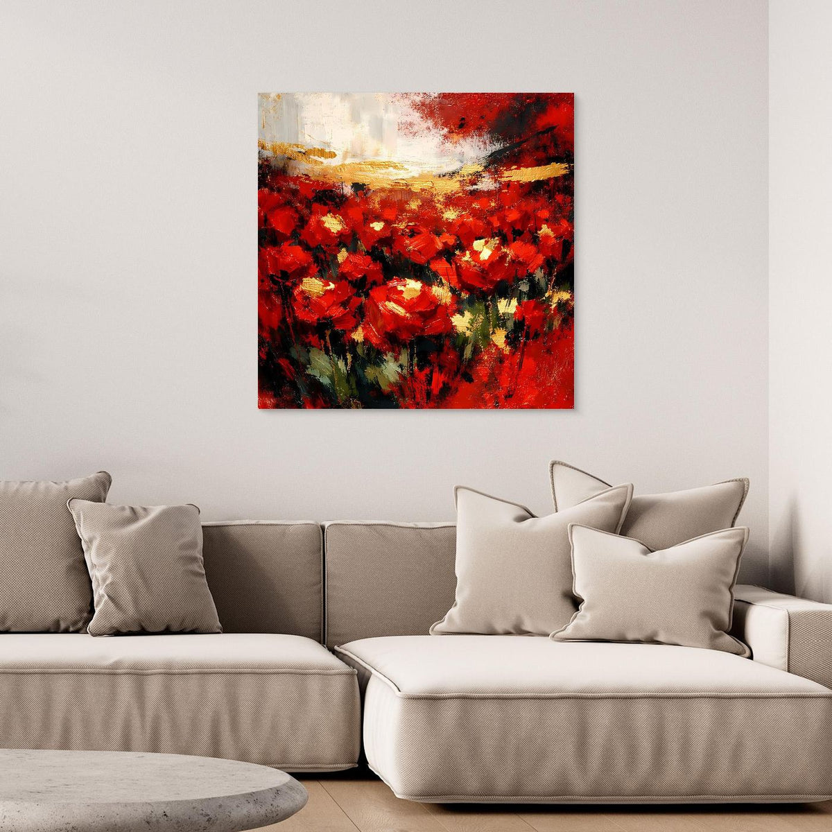 Leinwand-Wandbild mit abstrakten roten Blüten und goldenen Akzenten, ohne sichtbaren Rahmen.