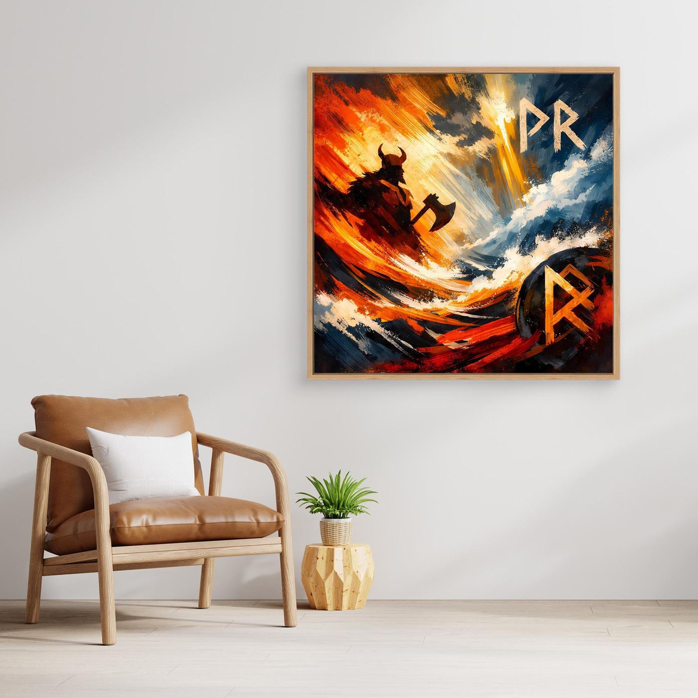 Wikinger-Wandbild mit orange-roter Wellenlandschaft, Rabe und Runensymbolen