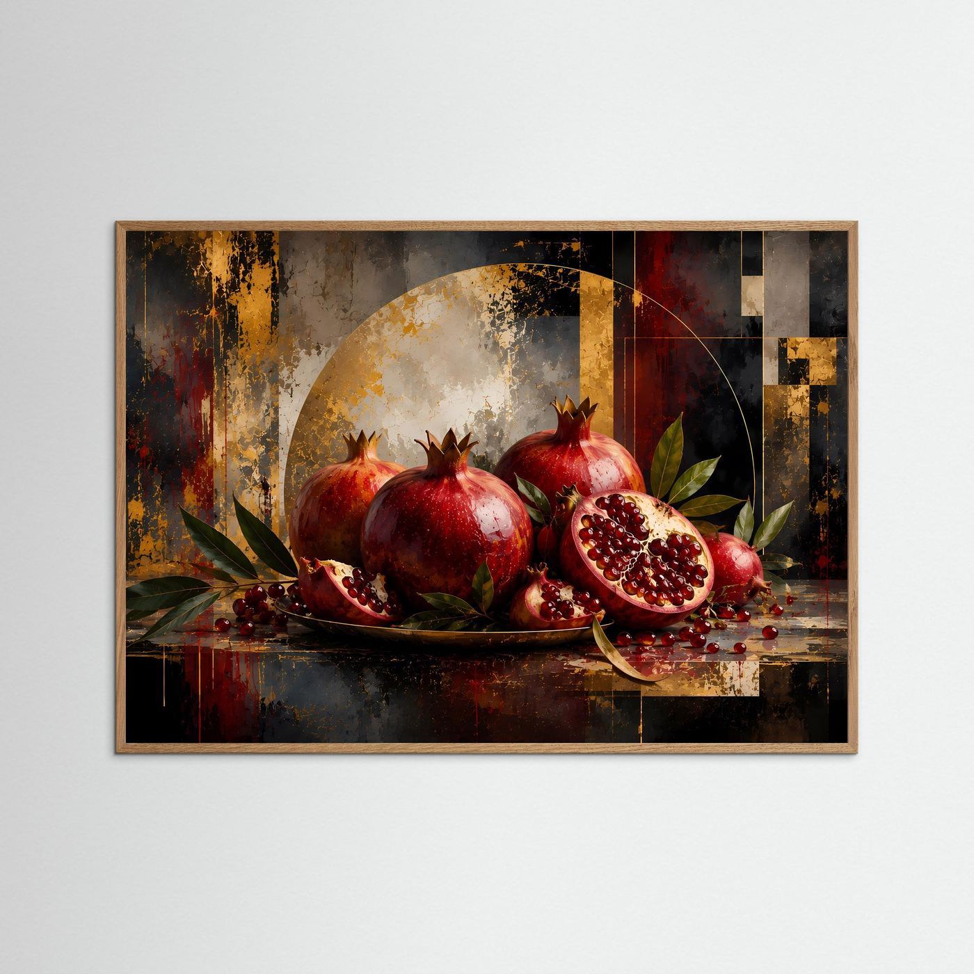 Gerahmtes Poster im Querformat: drei Granatäpfel, angeschnittener Bereich und goldene Lichtakzente