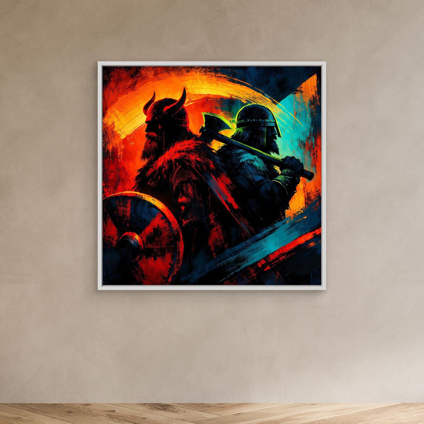 Leinwand-Wandbild im weißen Rahmen mit Wikingerkrieger, Helm und Axt, farbiges Gemälde-Design