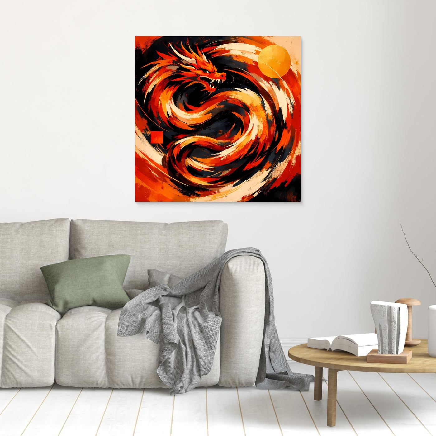 Kleines Leinwand-Wandbild mit rotem Drachenkopf und orange-gelben Flammenwirbeln