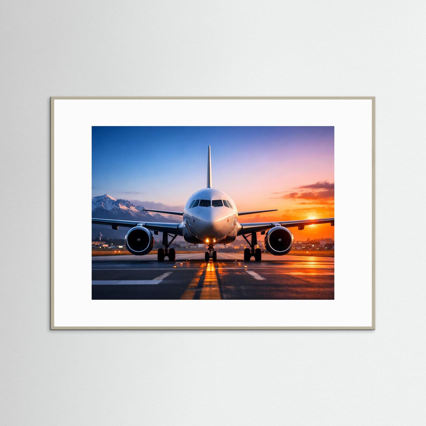Passagierflugzeug-Poster mit hellem Rahmen, auf der Landebahn bei Sonnenuntergang