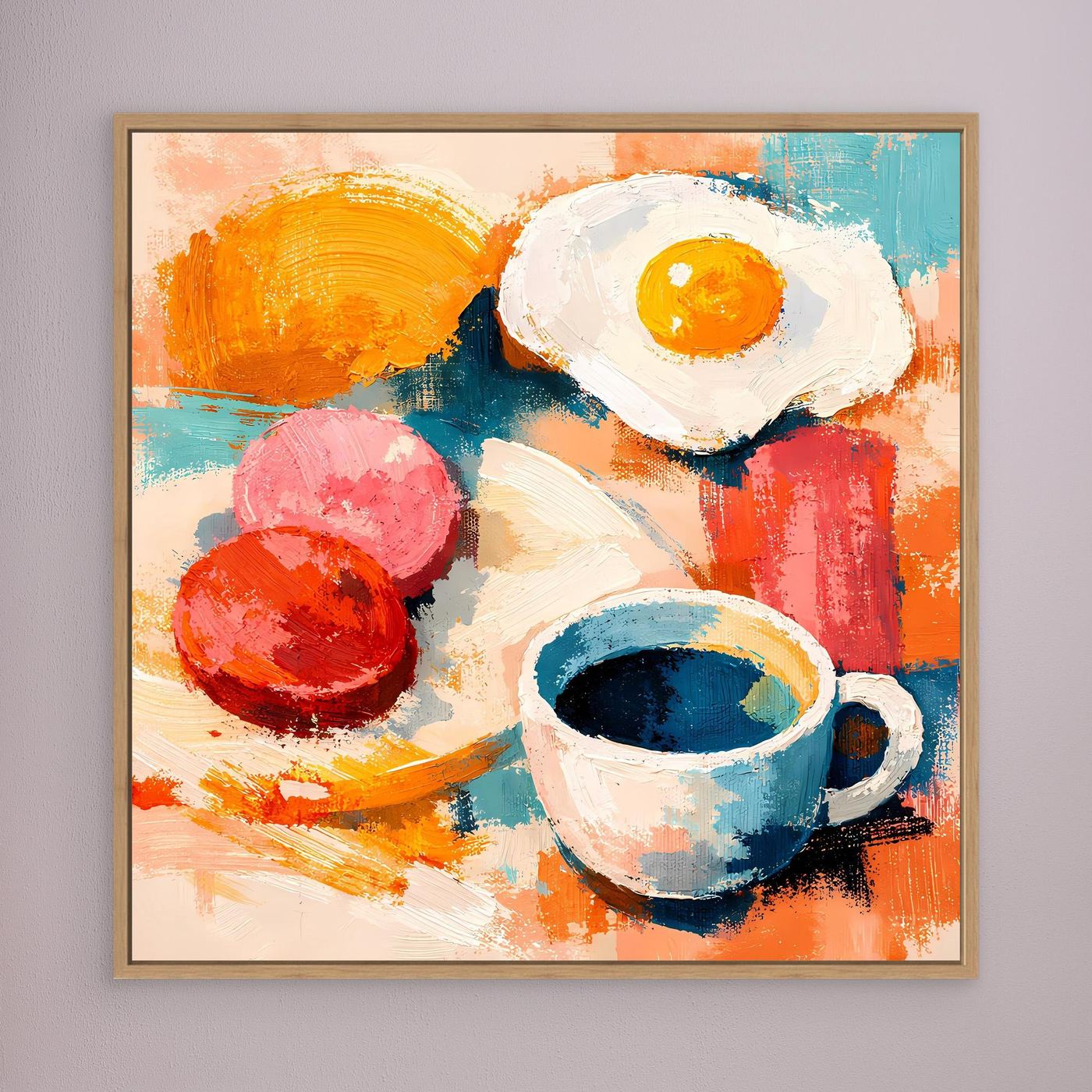 Gerahmtes abstraktes Wandbild mit Spiegelei, Kaffee-Tasse und roten und orangefarbenen Formen