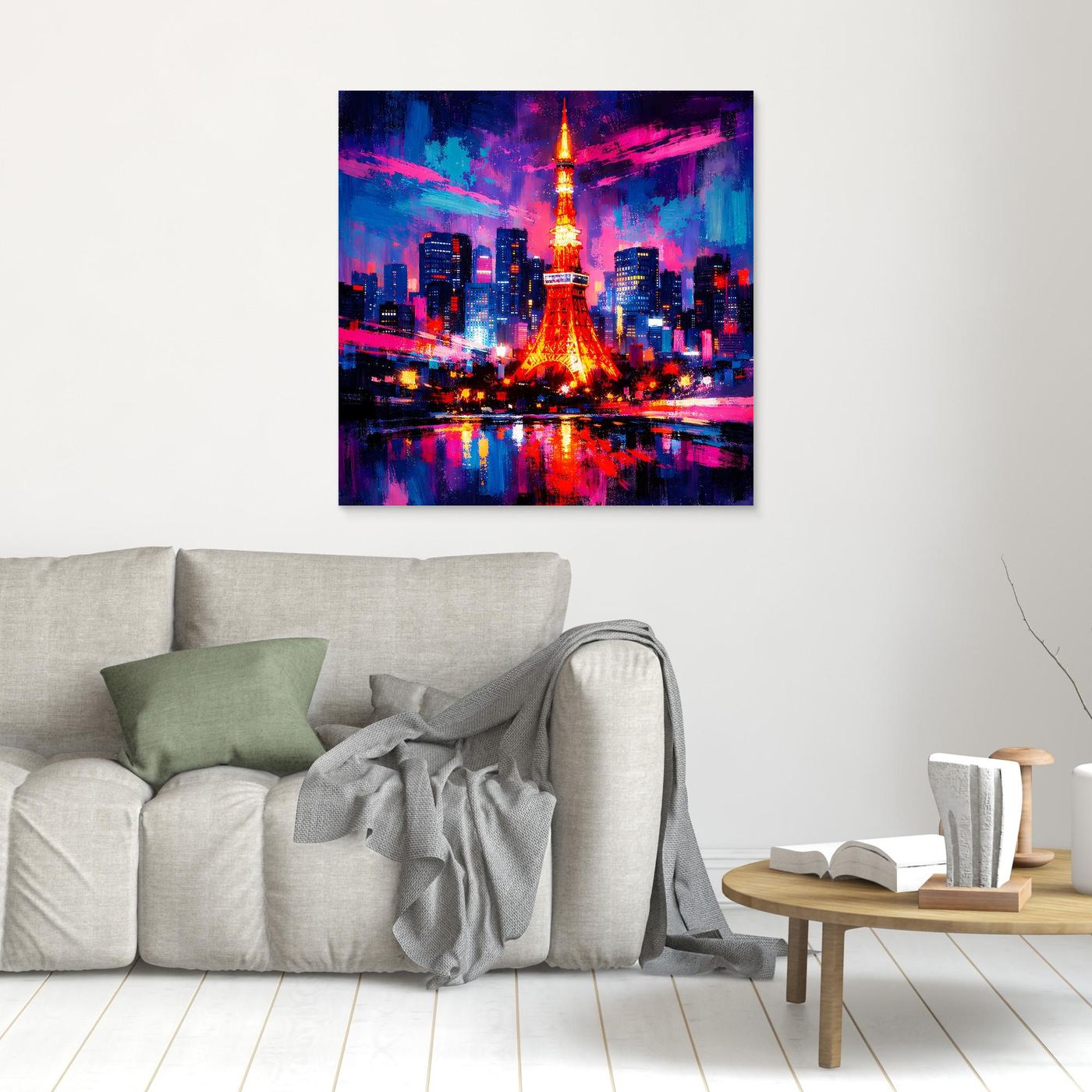 Kleines Wandbild mit abstrakter Skyline und leuchtendem Eiffelturm, Blau-Pink-Rot, ungerahmt