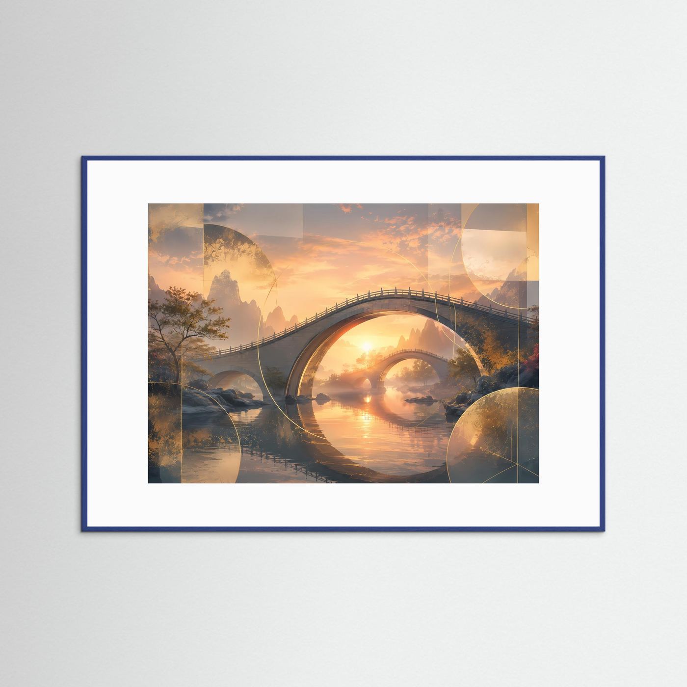 Querformat-Poster mit Bogenbrücke über Wasser im Sonnenuntergang, blauer Rahmen