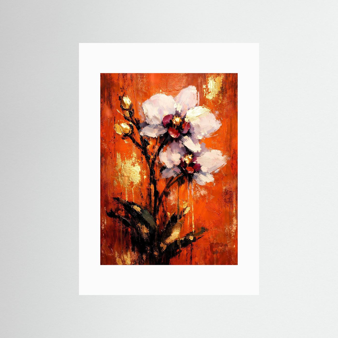 Orchideen-Kunstposter im weißen Passepartout, orangefarbener Hintergrund, weiße Blüten
