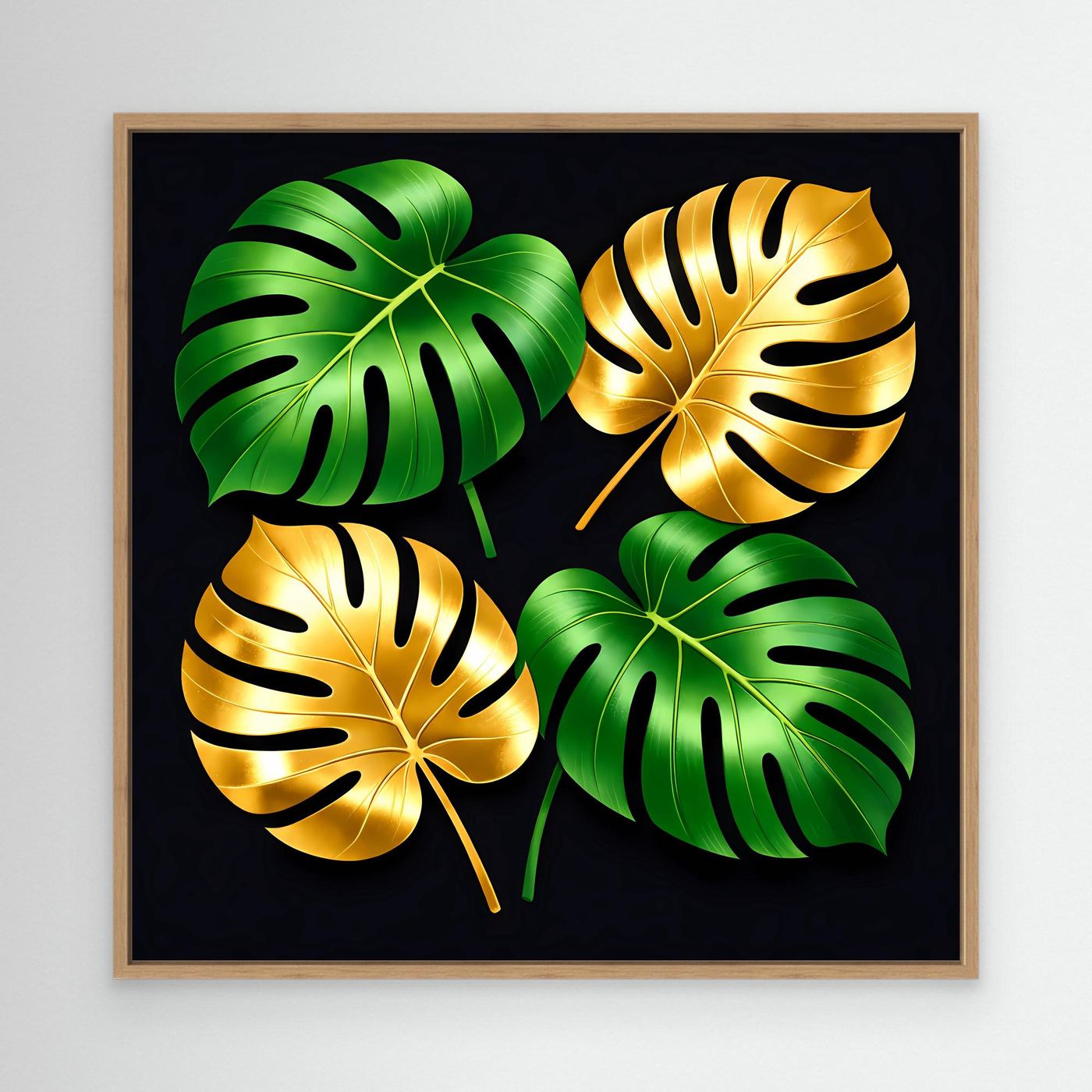 Leinwandbild mit Monstera-Blättern, goldgrün, Holzrahmen