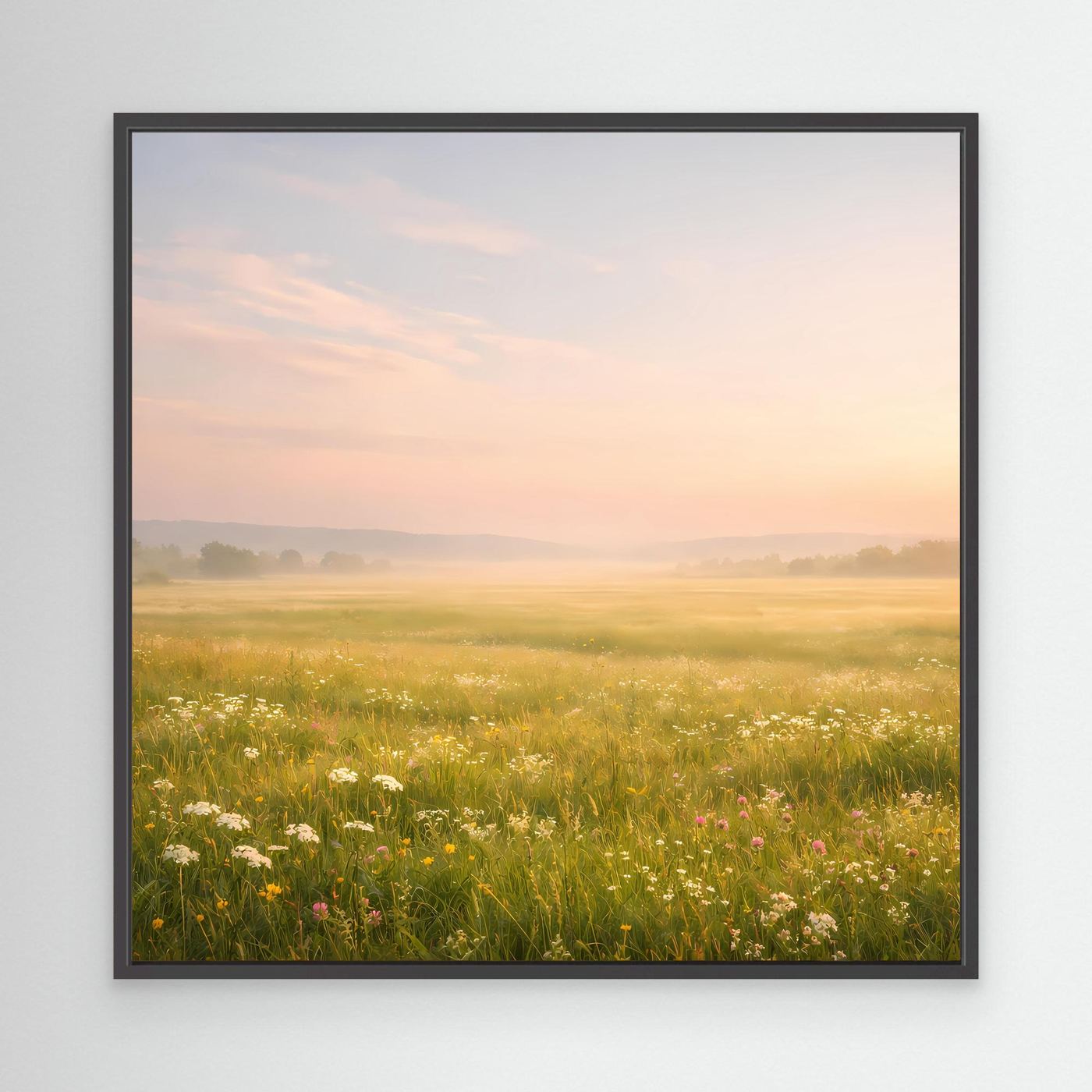 Leinwandbild Neblige Blumenwiese mit Wildblumen im schwarzen Rahmen, warmes Licht