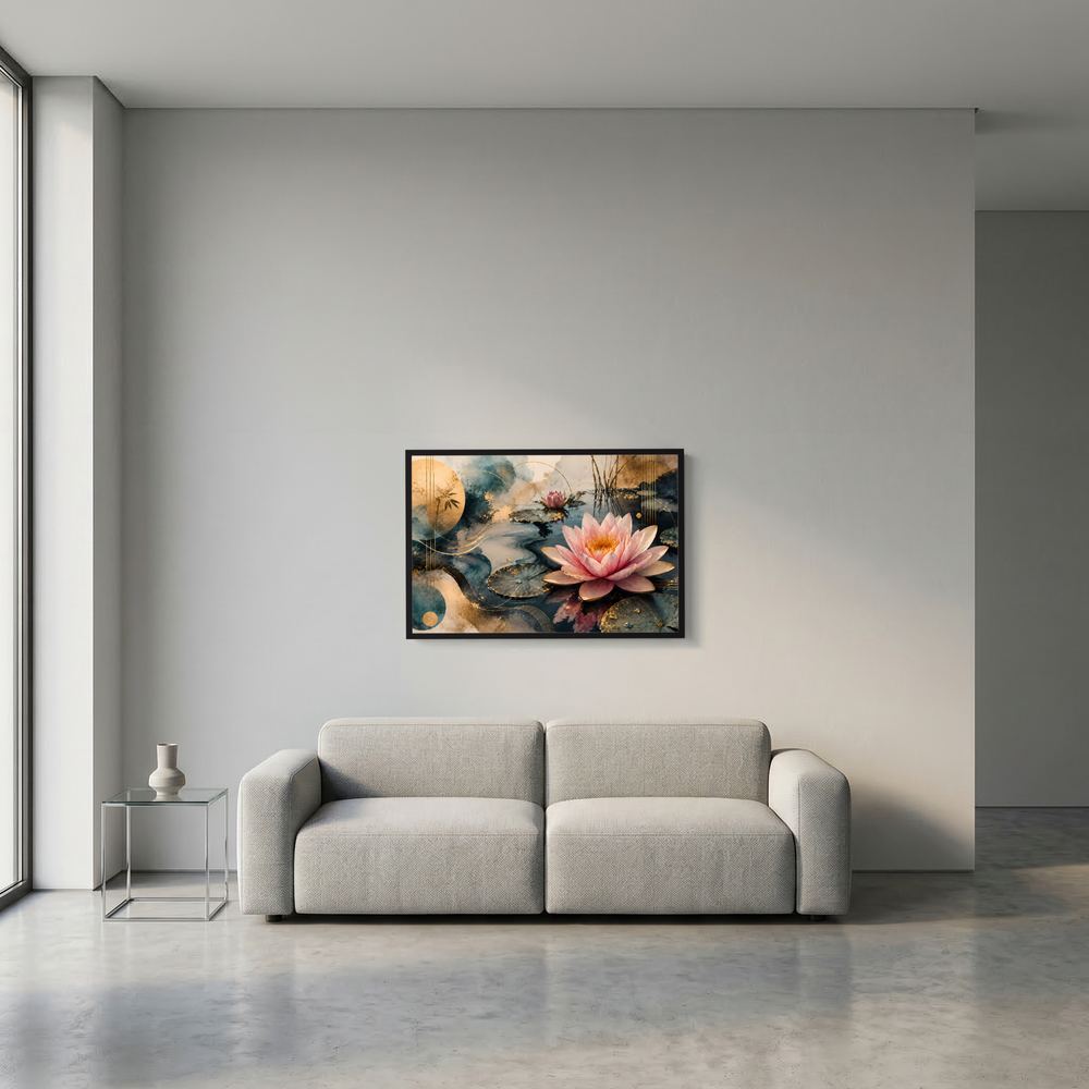 Gerahmtes Querformat-Poster mit rosa Seerosen auf dunklem Wasser, schwarz