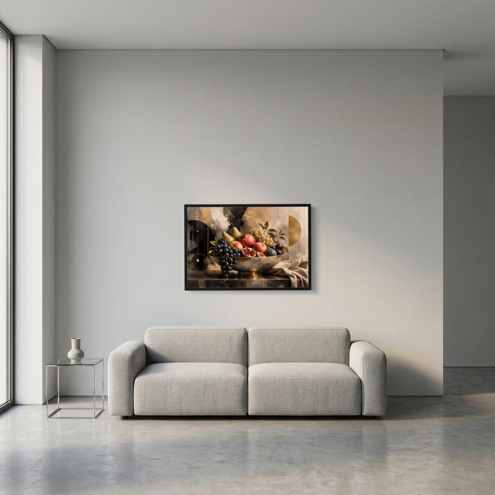 Wandbild-Poster mit Obstschale aus Granatapfel und Trauben, schwarz gerahmt, querformatig