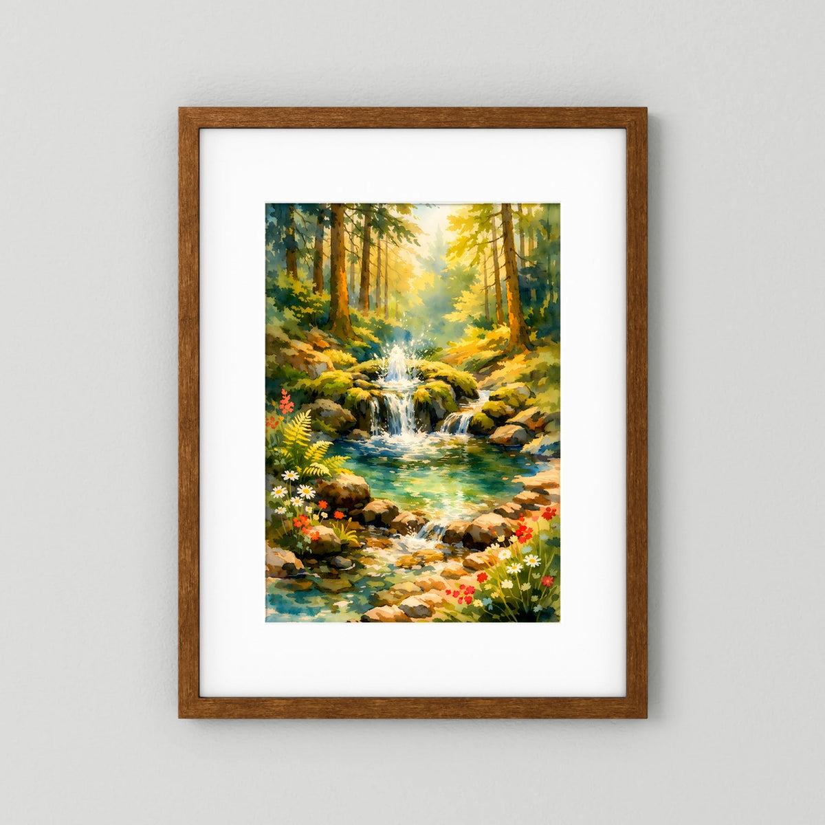 Hochformatiges Poster: Waldwasserfall mit Bach und Blumen, Holzrahmen mit weißem Rand.