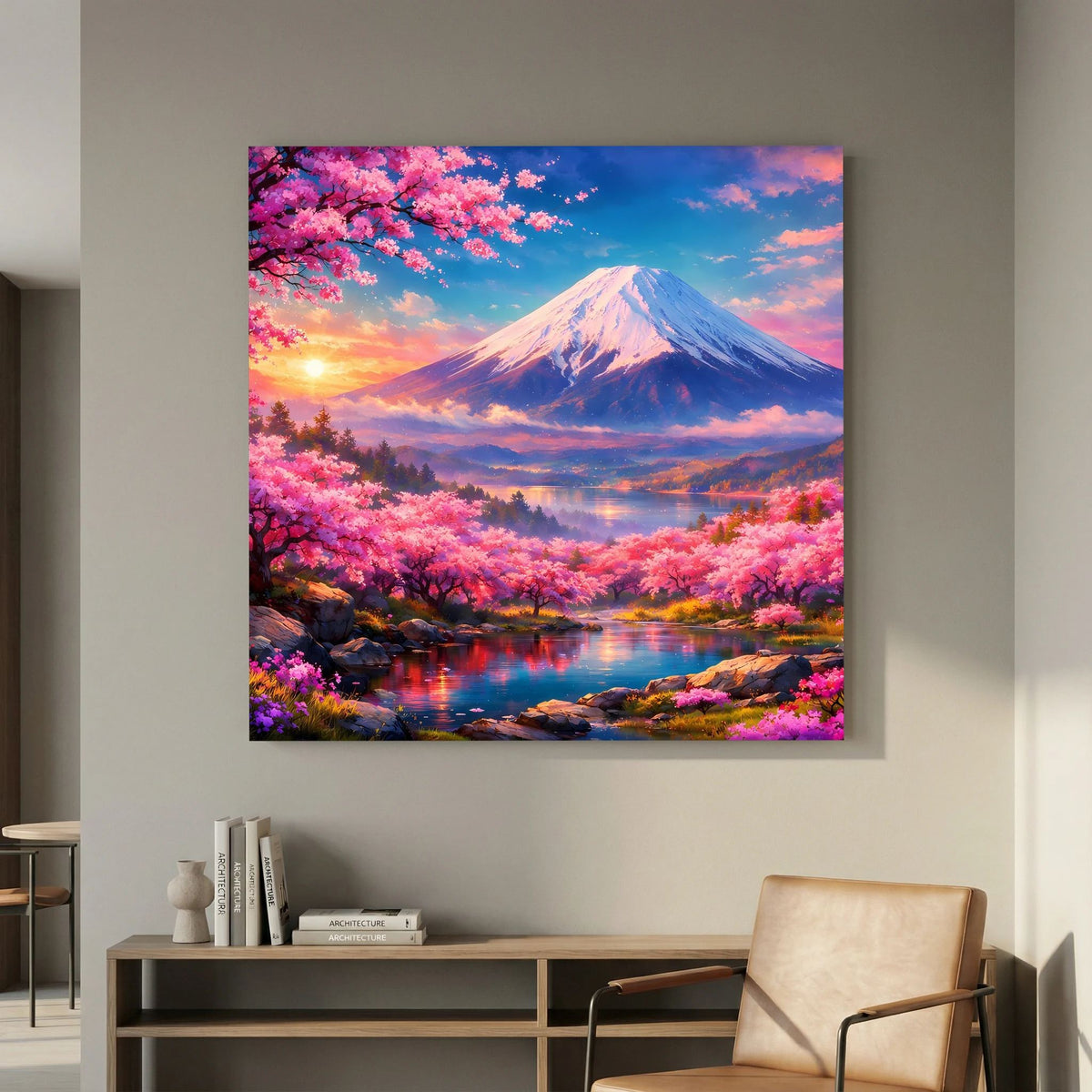 Leinwandbild auf Holzkeilrahmen: Fuji bei Sonnenuntergang, Kirschblütenallee und Seeufer