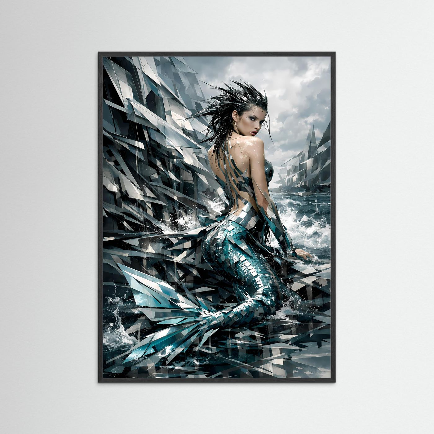 Meerjungfrau-Poster mit türkisfarbenem Schuppenmuster, schwarzer Rahmen, Hochformat.