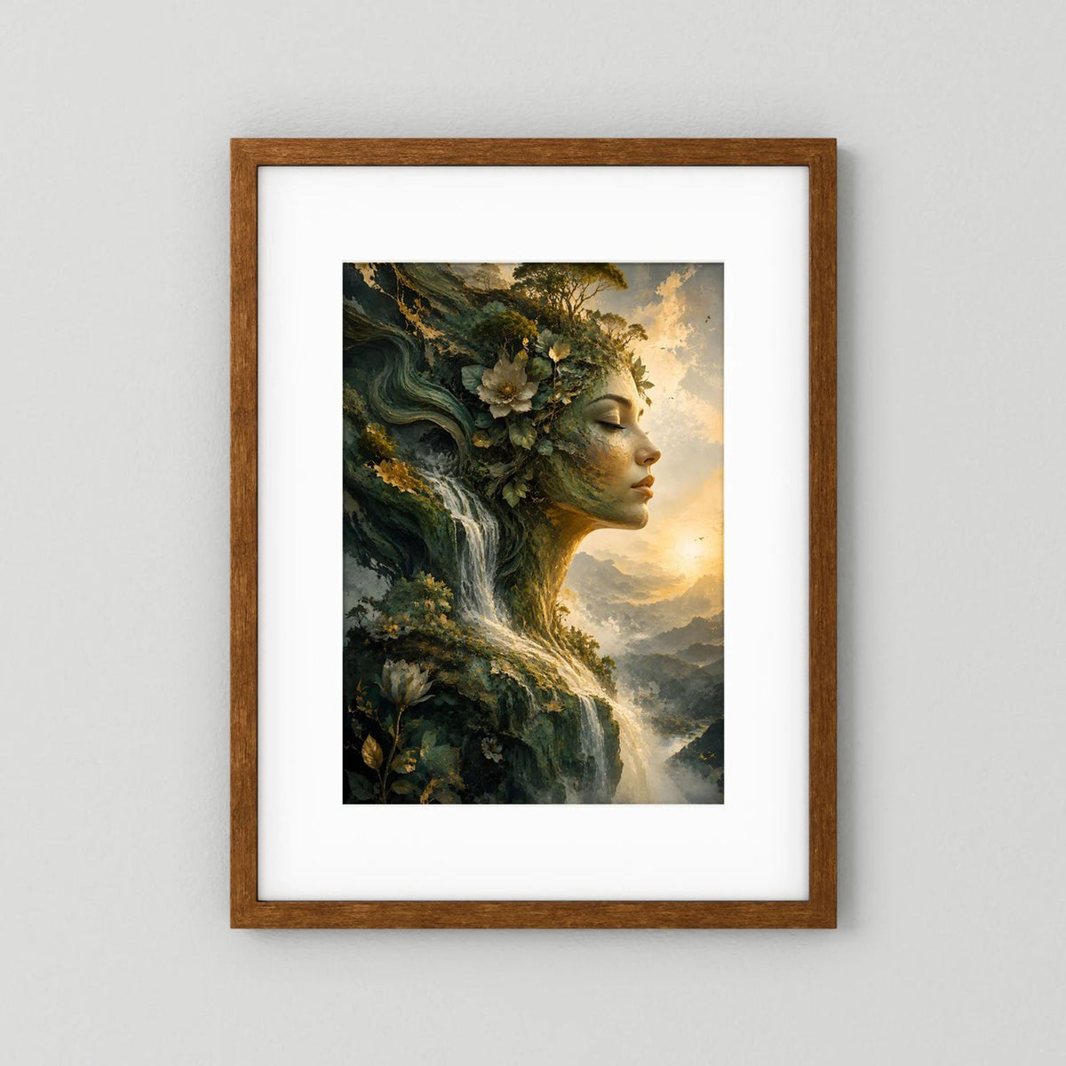 Wandposter Hochformat: Naturfrau mit Wasserfall, Waldmotiv, brauner Holzrahmen mit weißem Rand