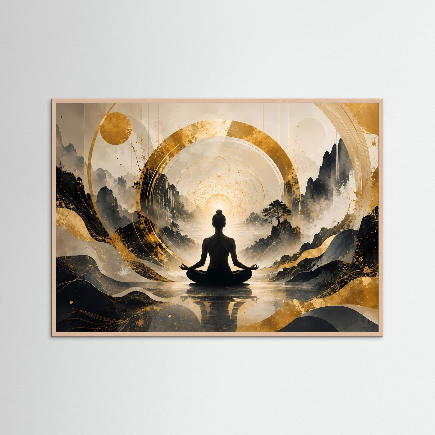 Meditierende Frau in Berglandschaft | Spirituelle Kunst in Schwarz & Gold