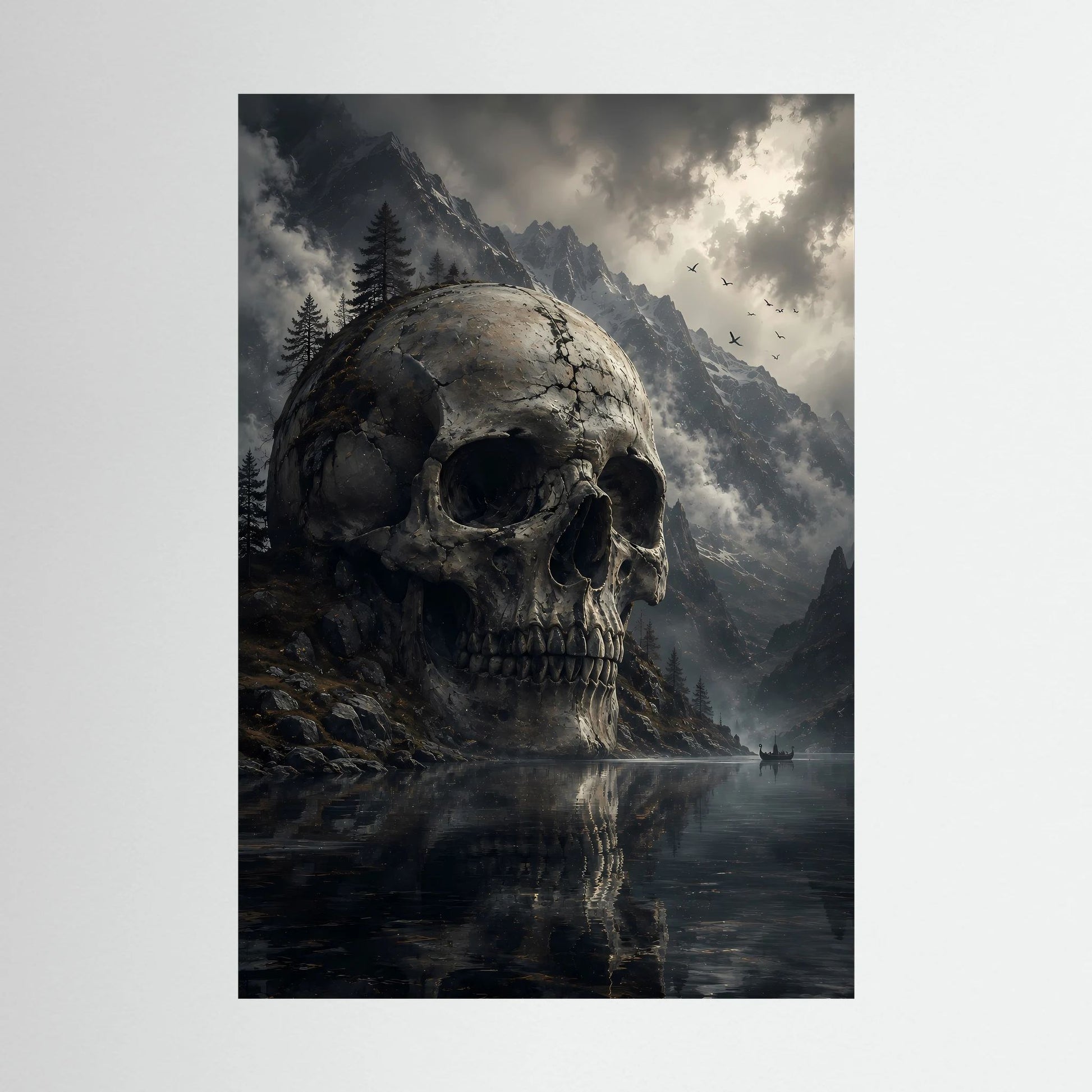 Poster mit Totenkopf im Bergsee, dunkle Wolken über Berglandschaft, Hochformat