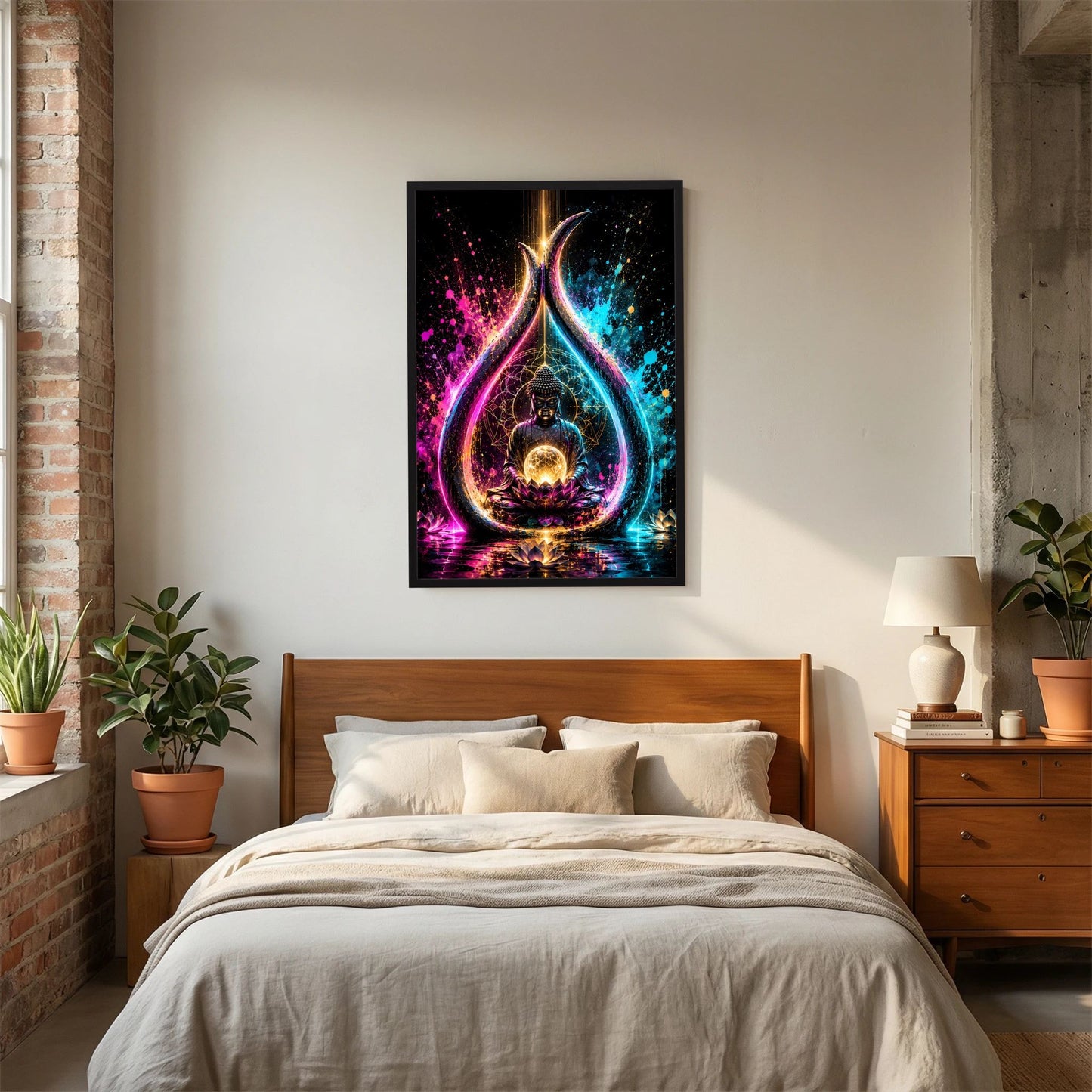 Poster im schwarzen Rahmen: Buddha auf Lotus mit leuchtender Energiekugel und Neon-Glow