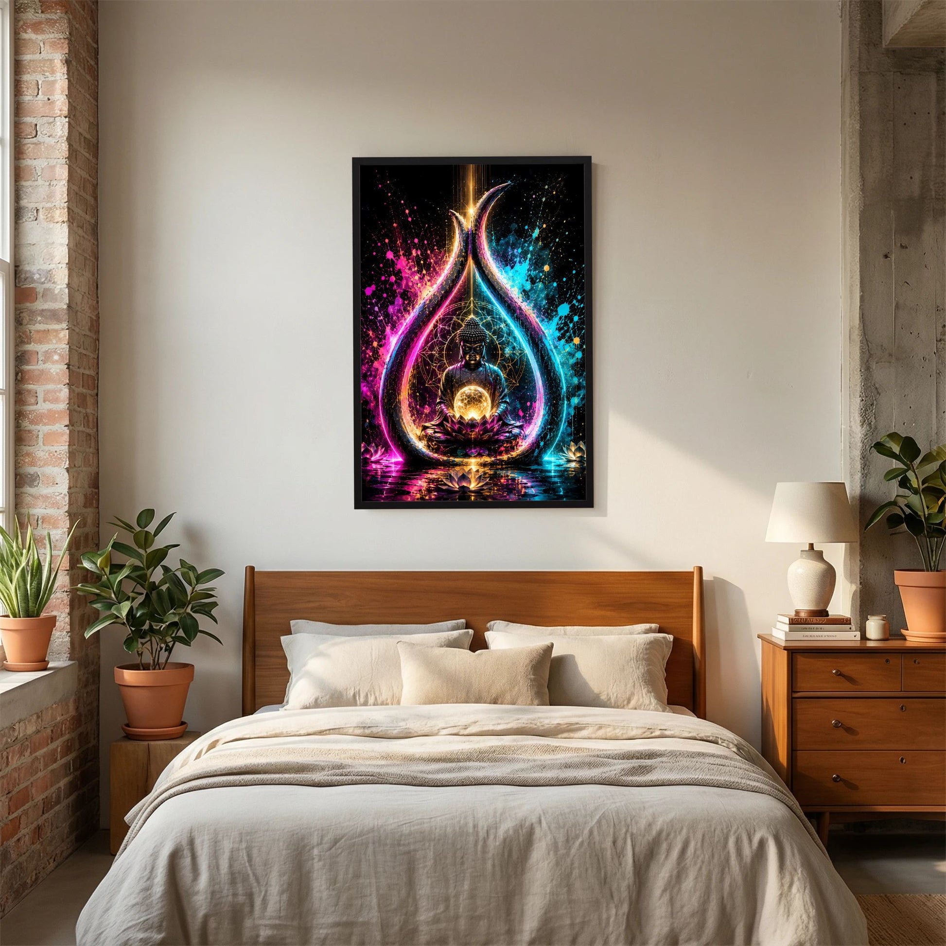 Poster im schwarzen Rahmen: Buddha auf Lotus mit leuchtender Energiekugel und Neon-Glow