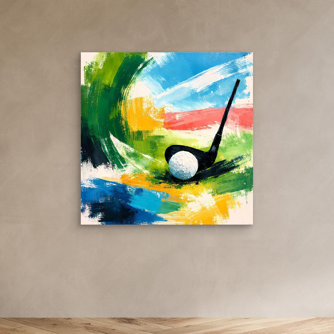 Abstraktes Leinwand-Wandbild mit Golfschläger und Ball, grün-blau-gelb-rot.