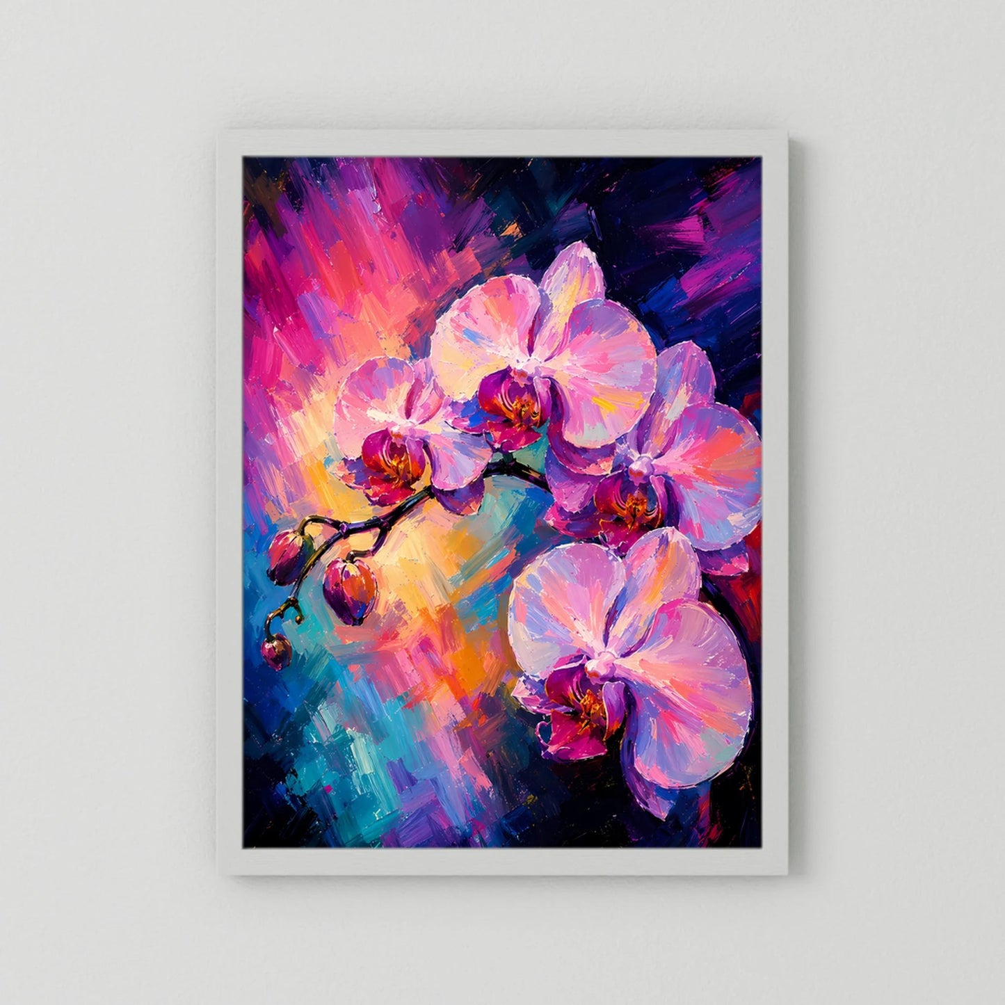 Kunstposter im Hochformat: abstrakte Orchideenblüten in Pink und Blau, weißer Rahmen