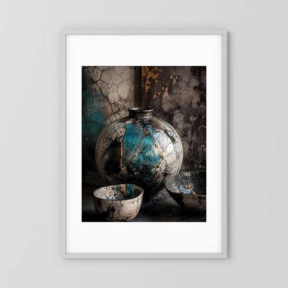 Weiß gerahmtes Poster im Hochformat mit türkis-goldener Keramikvase und Schalen