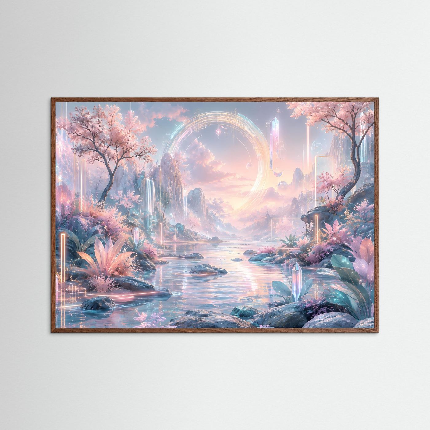 Futuristische Traumlandschaft in Pastell | Fantasy Natur mit Kirschblüten & Lichtportal