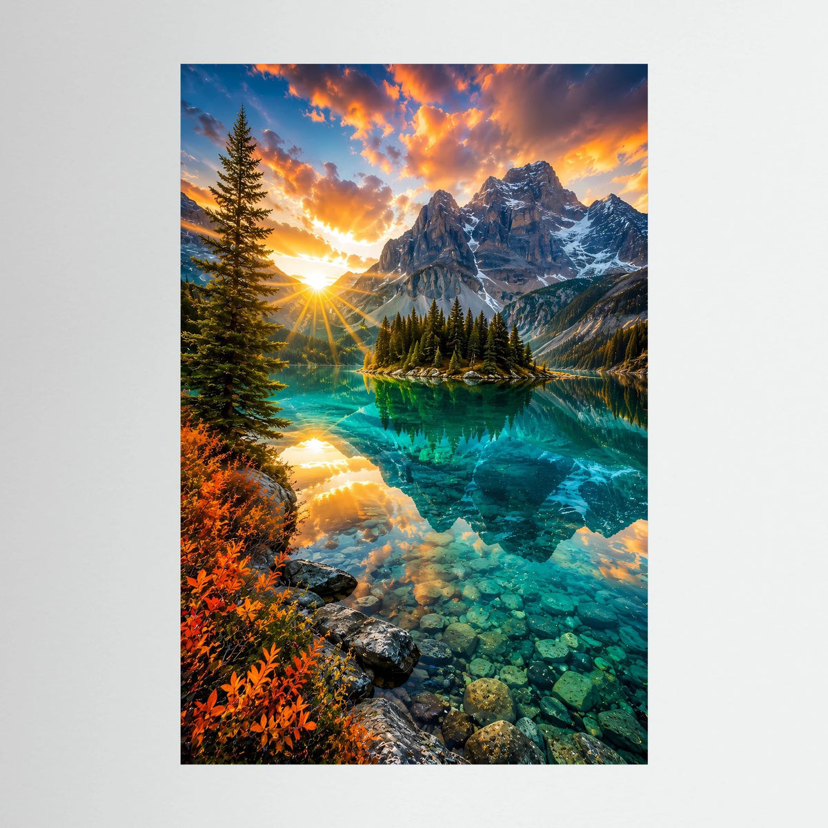 Türkiser Bergsee bei Sonnenuntergang | Majestätische Berglandschaft mit Spiegelung | Poster Hochformat