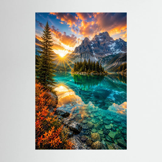 Türkiser Bergsee bei Sonnenuntergang | Majestätische Berglandschaft mit Spiegelung | Poster Hochformat