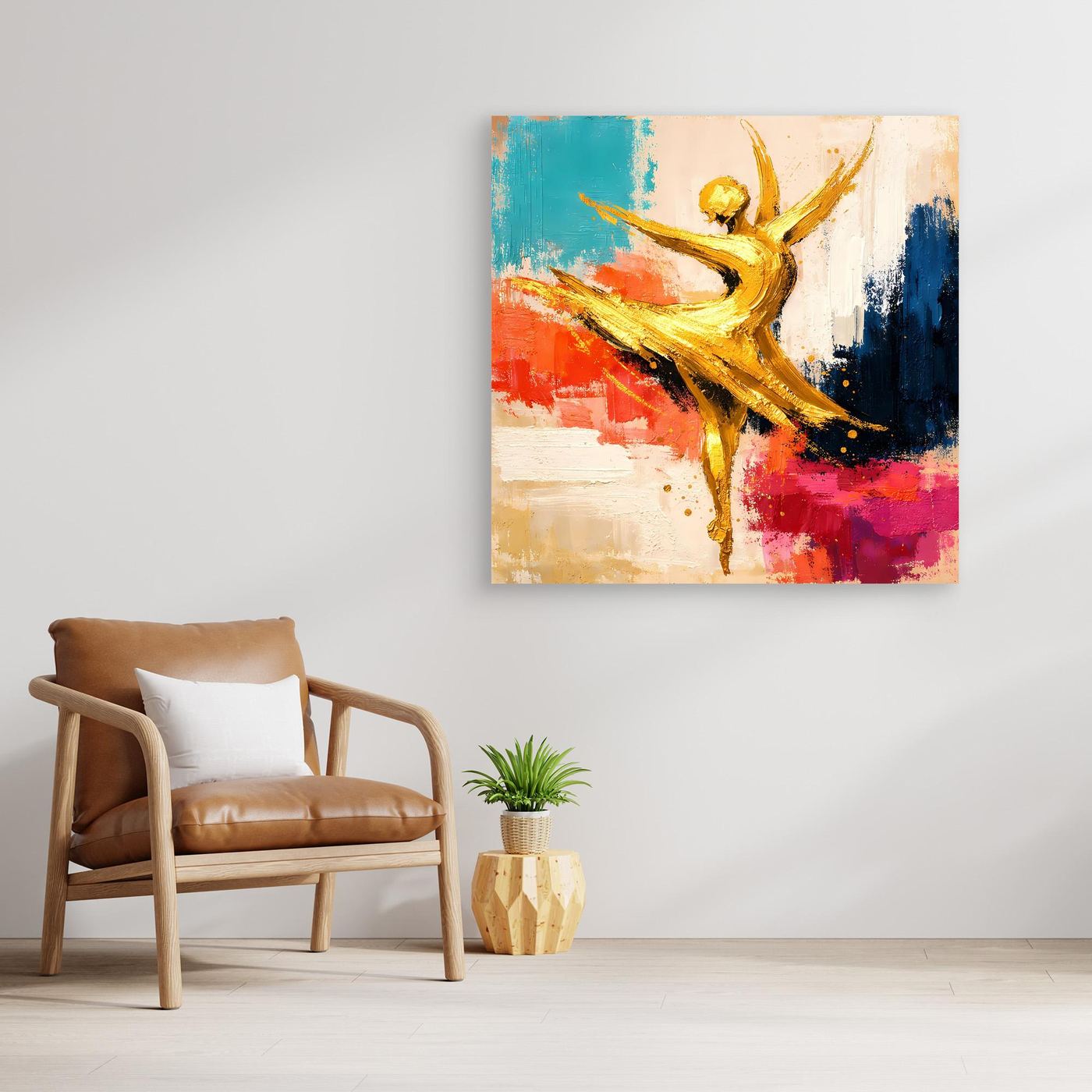 Abstraktes Leinwand-Wandbild: goldene Ballerina mit bunten Farbfeldern, ohne Rahmen